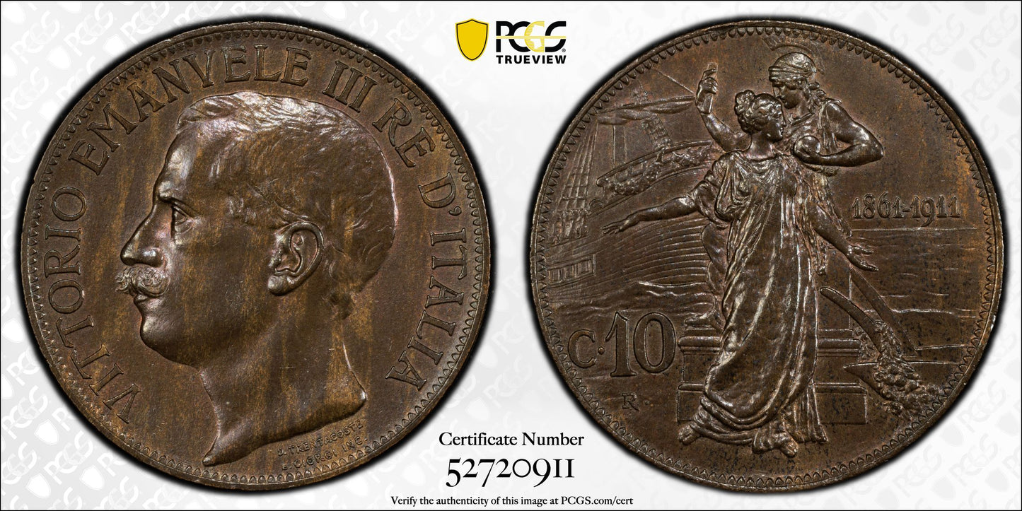 1911-R Italy 10C Centesimi PCGS MS63BN KM-51 50th Anniversary Kingdom