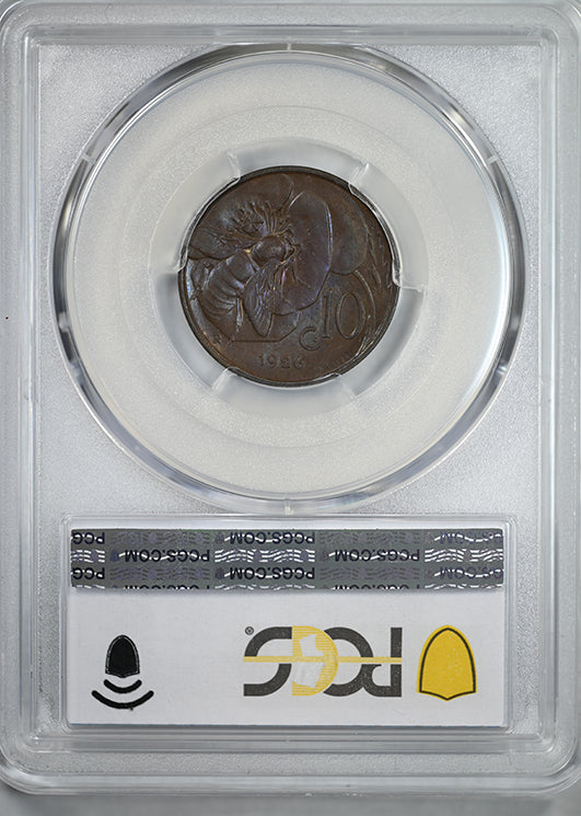 1926-R Italy 10C Centesimi Honeybee on Flower PCGS MS62BN - TONED!