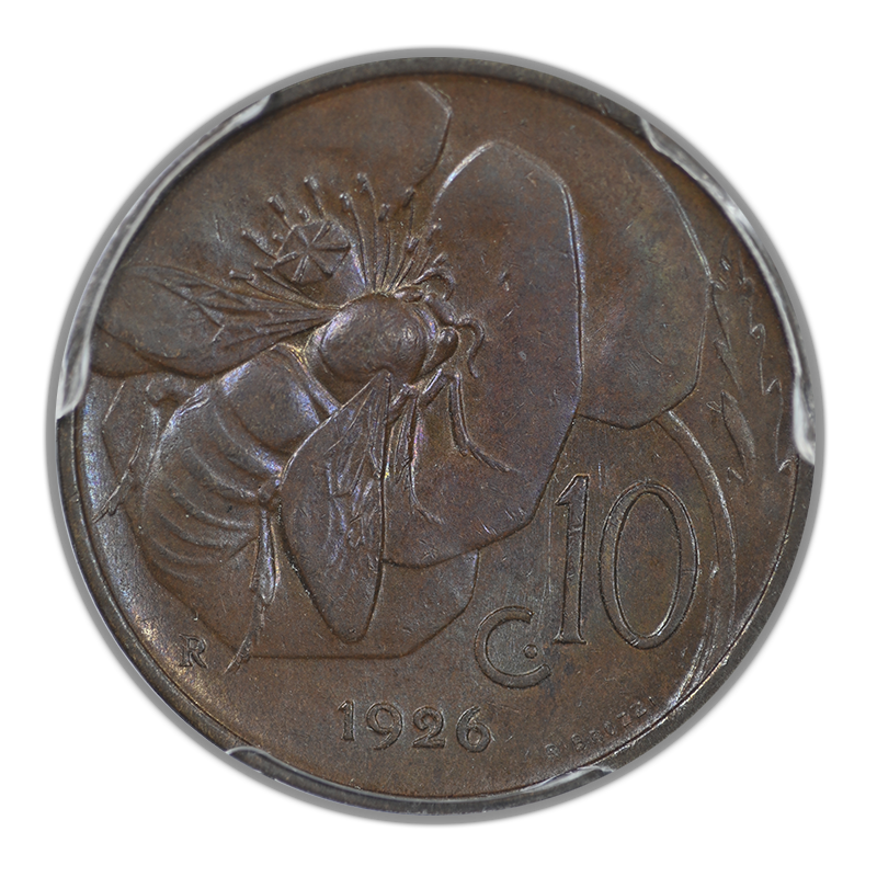 1926-R Italy 10C Centesimi Honeybee on Flower PCGS MS62BN - TONED!