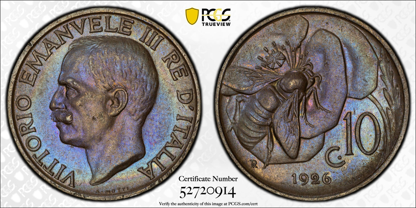 1926-R Italy 10C Centesimi Honeybee on Flower PCGS MS62BN - TONED!