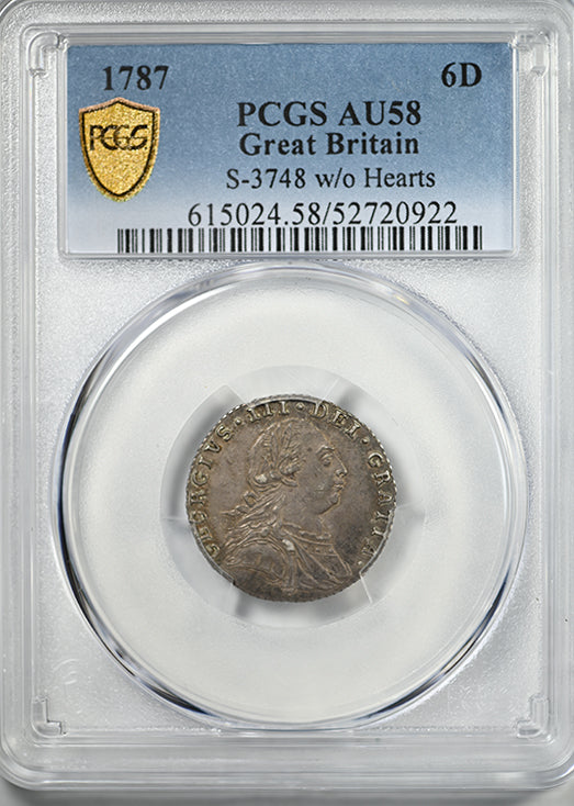 1787 Great Britain 6D Pence Sixpence PCGS AU58 S-3748 without Hearts