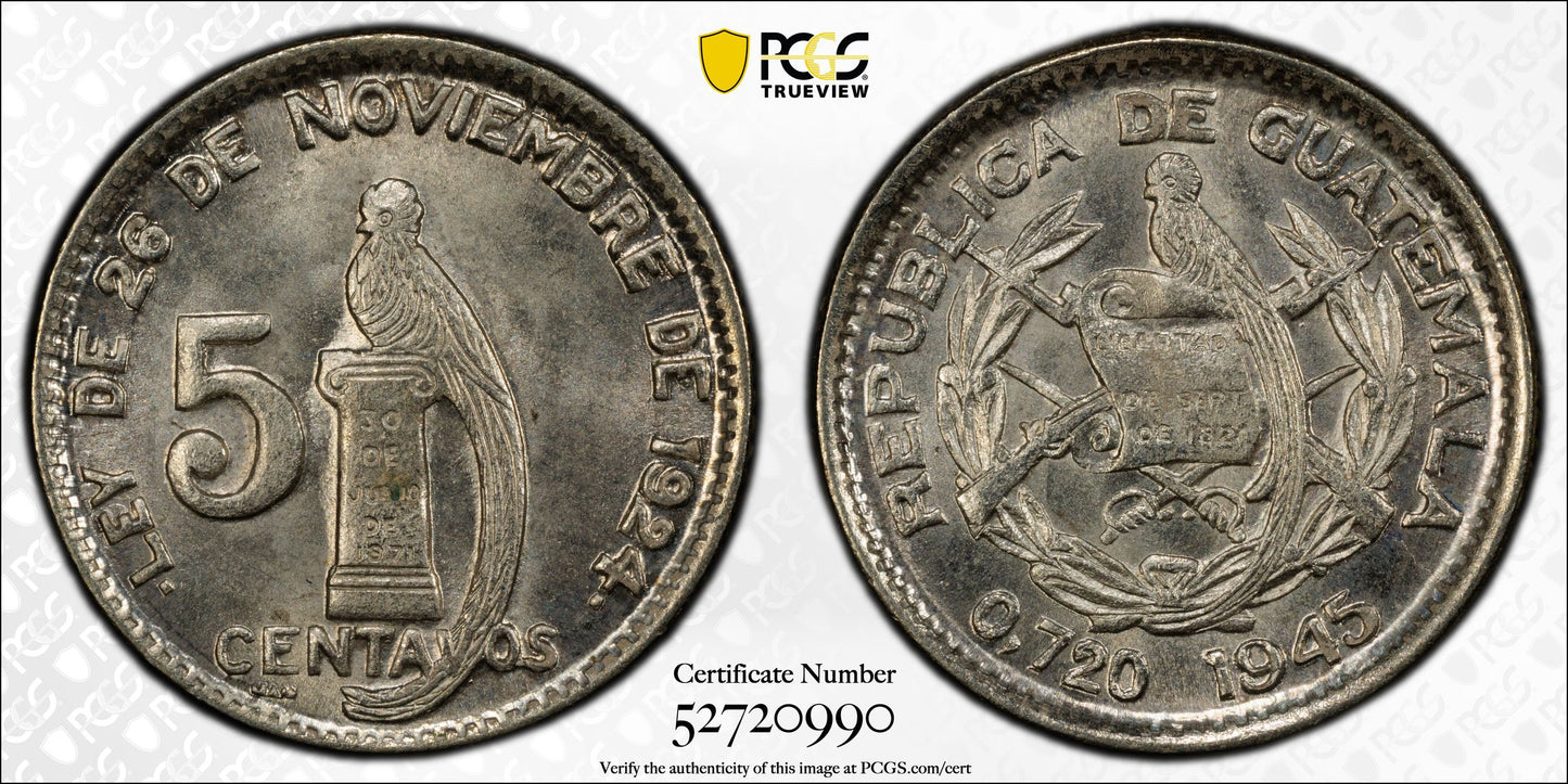 1945 Guatemala 5C Centavos PCGS MS66