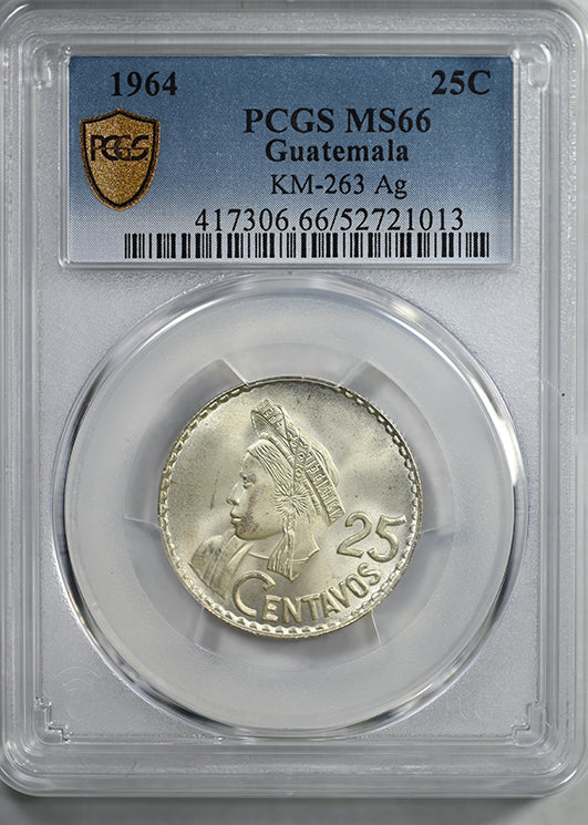 1964 Guatemala 25C Centavos PCGS MS66 KM-263 Ag