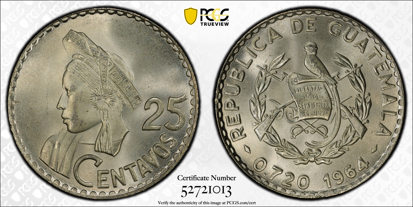 1964 Guatemala 25C Centavos PCGS MS66 KM-263 Ag