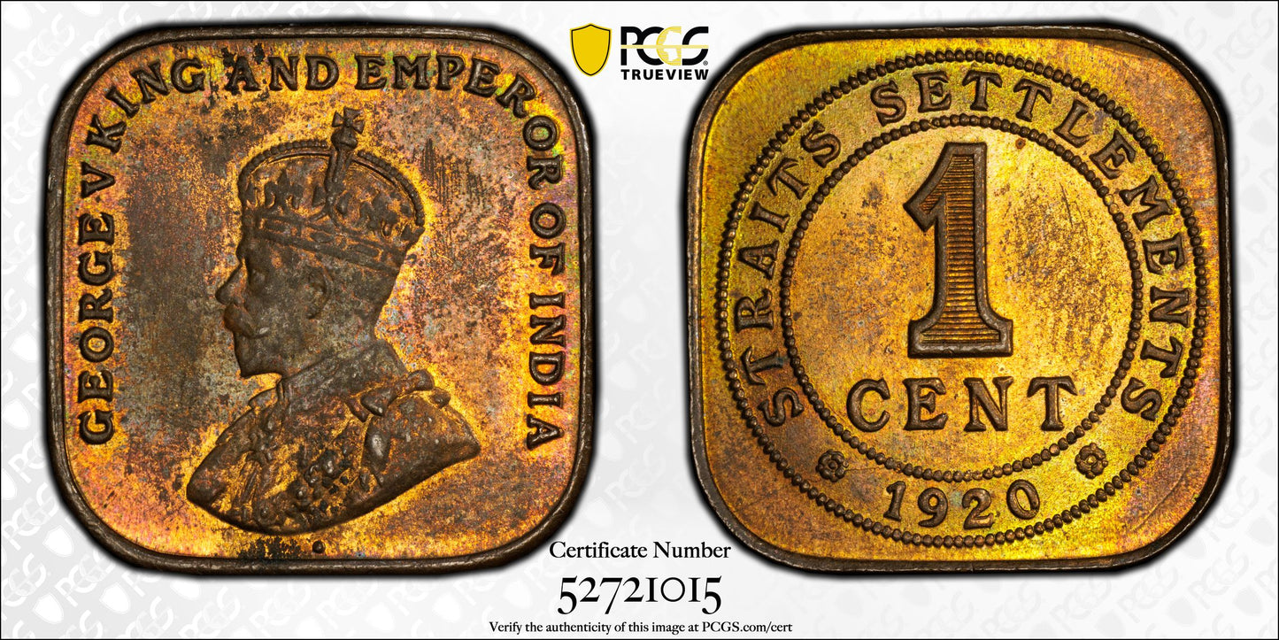 1920 Straits Settlements 1C Cent PCGS MS63RB - TONED!