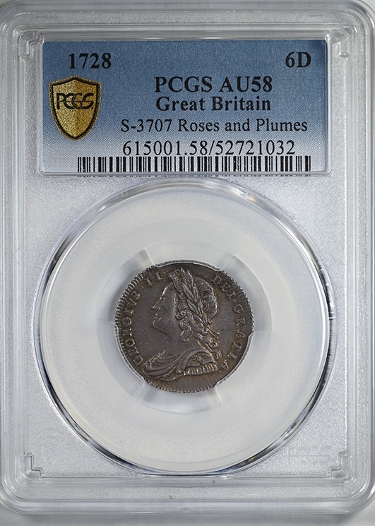 1728 Great Britain 6D Pence Sixpence PCGS AU58 S-3707 Roses and Plumes