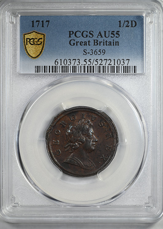 1717 Great Britain 1/2D Half Penny PCGS AU55 S-3659