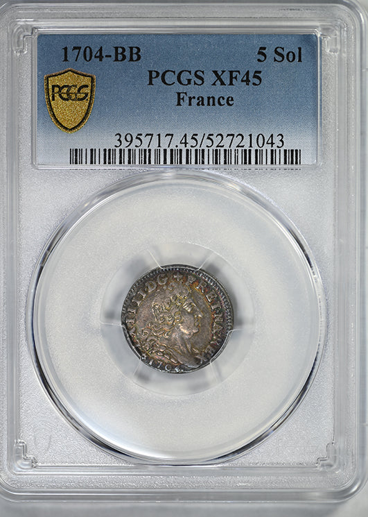 1704-BB France 5 Sols PCGS XF45 - TONED!