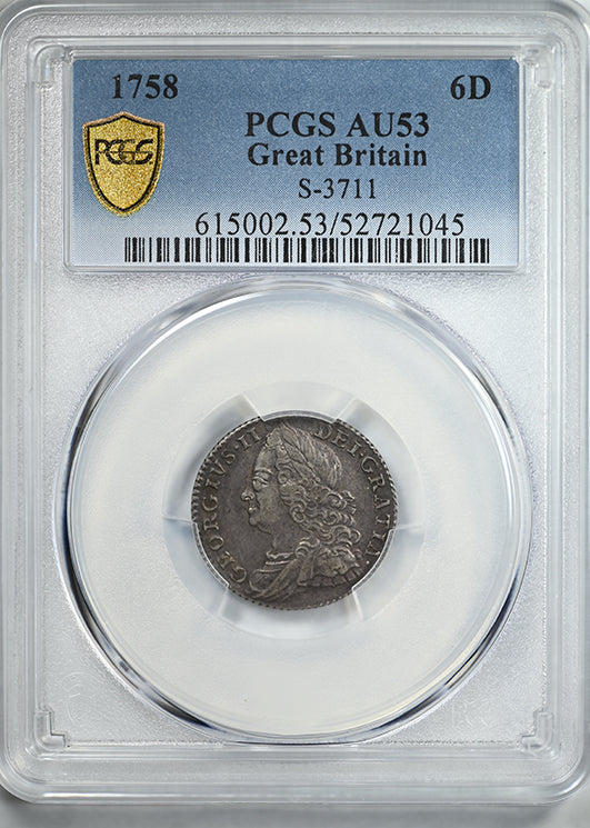 1758 Great Britain 6D Pence Sixpence PCGS AU53 S-3711
