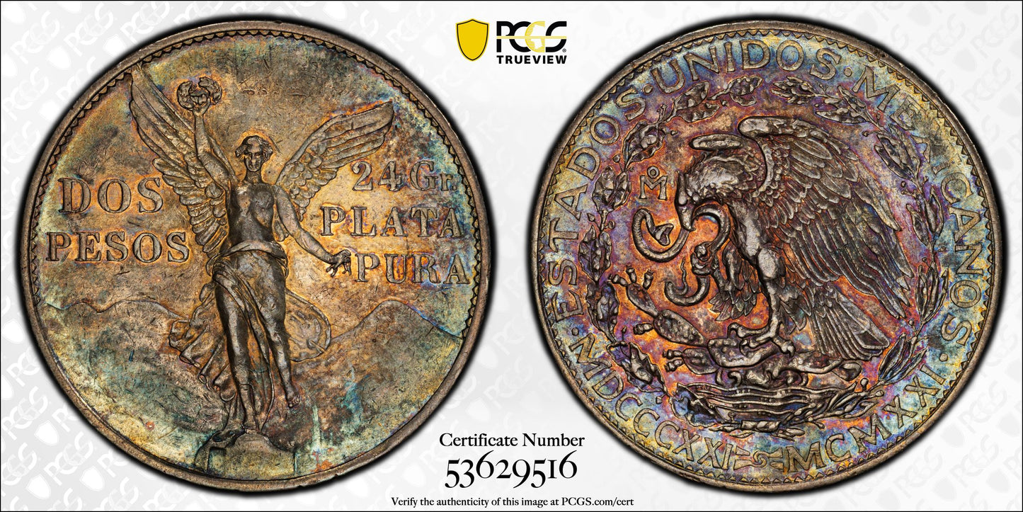 1921-Mo Mexico Silver Dos Pesos S2P PCGS AU53 - Centennial KM-462 - TONED!