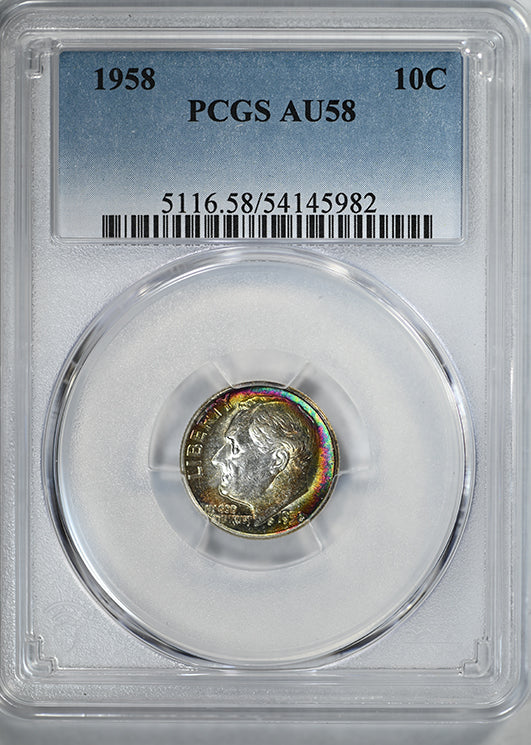 1958 Roosevelt Dime 10C PCGS AU58 - RAINBOW TONED!