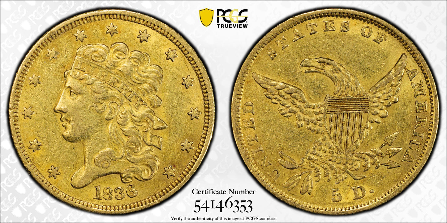 1836 Classic Head Gold Half Eagle $5 PCGS Genuine AU Detail