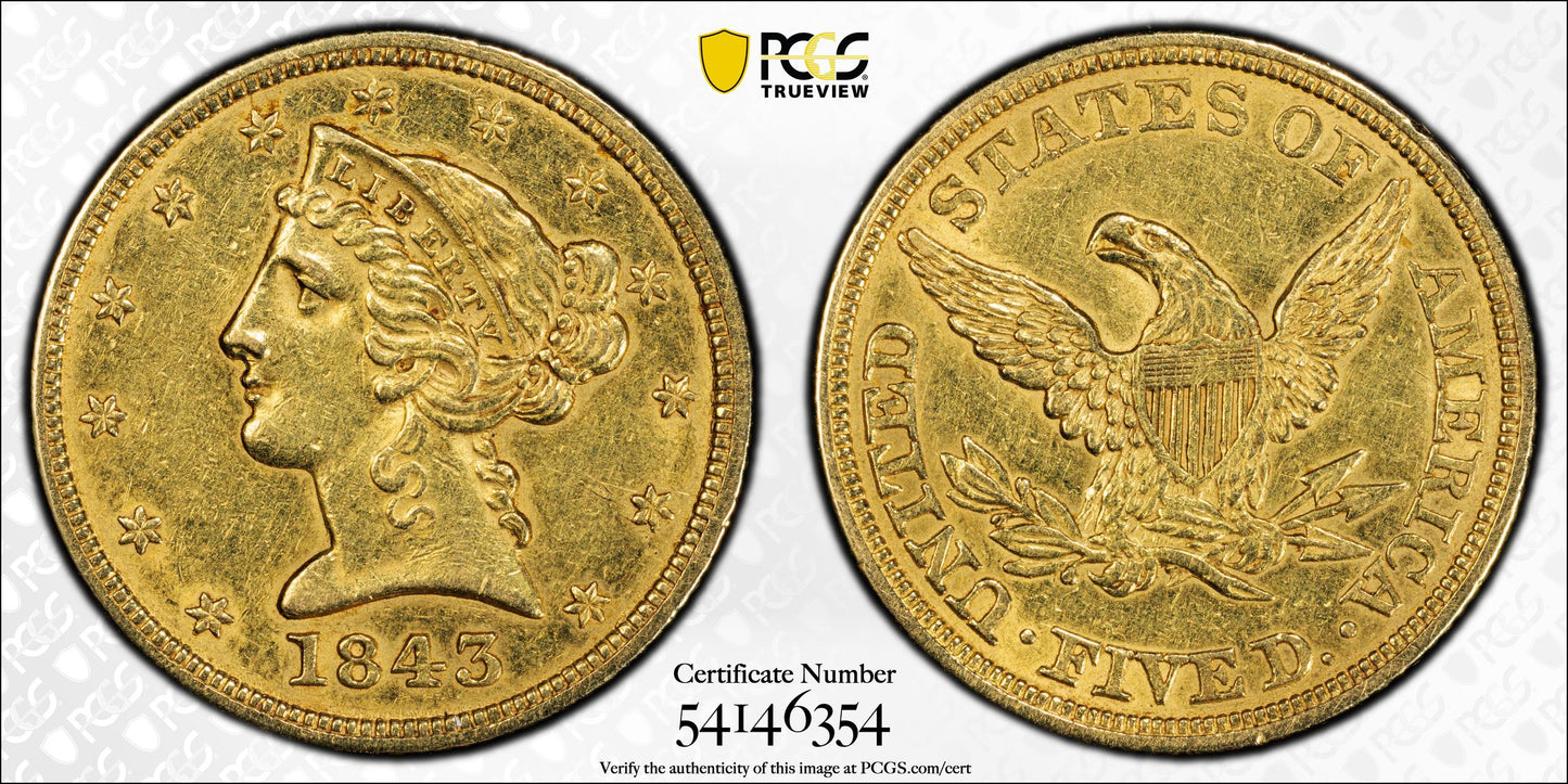 1843 Liberty Head Gold Half Eagle $5 PCGS AU53