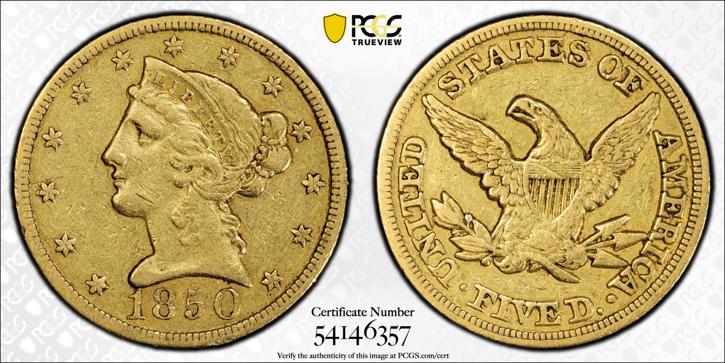 1850-C Liberty Head Gold Half Eagle $5 PCGS XF40 Weak C - CHARLOTTE GOLD!