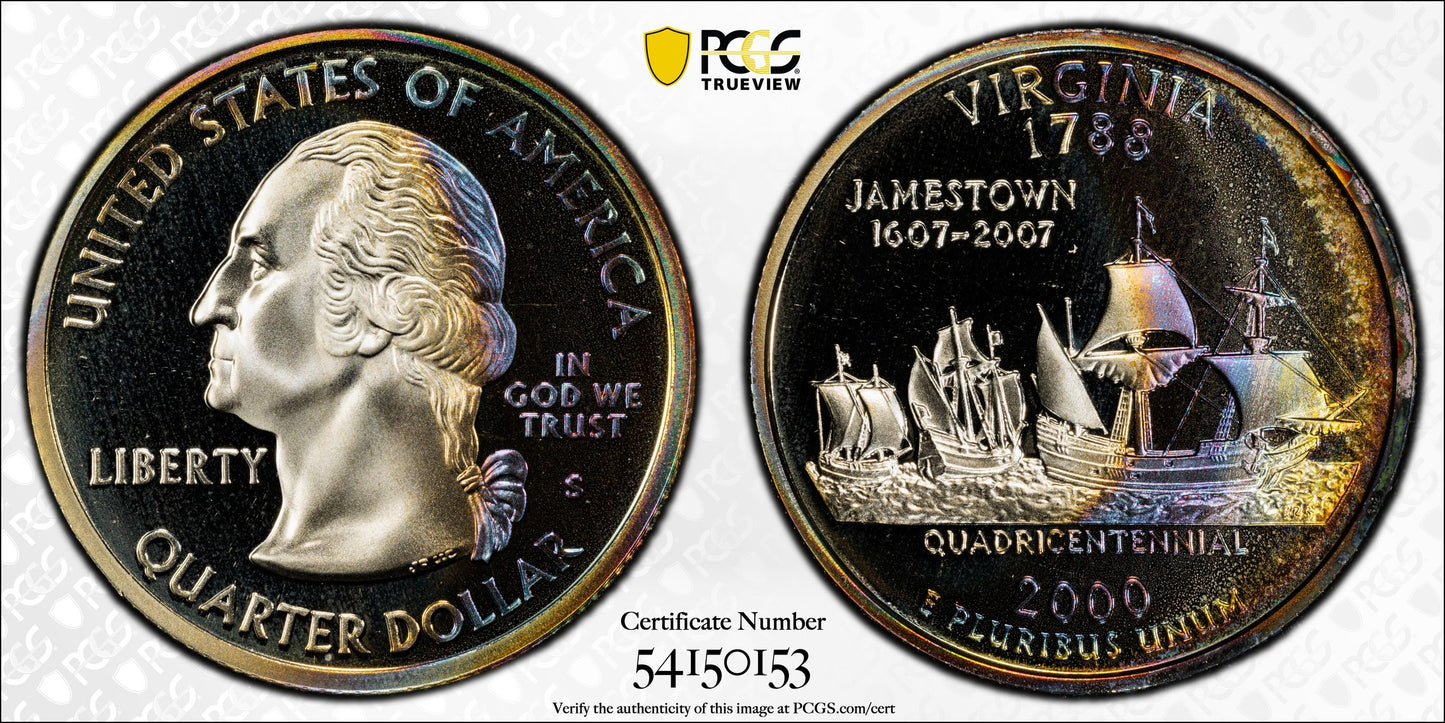 2000-S Proof Virginia Washington Quarter 25C PCGS PR68DCAM Deep Cameo - TONED!