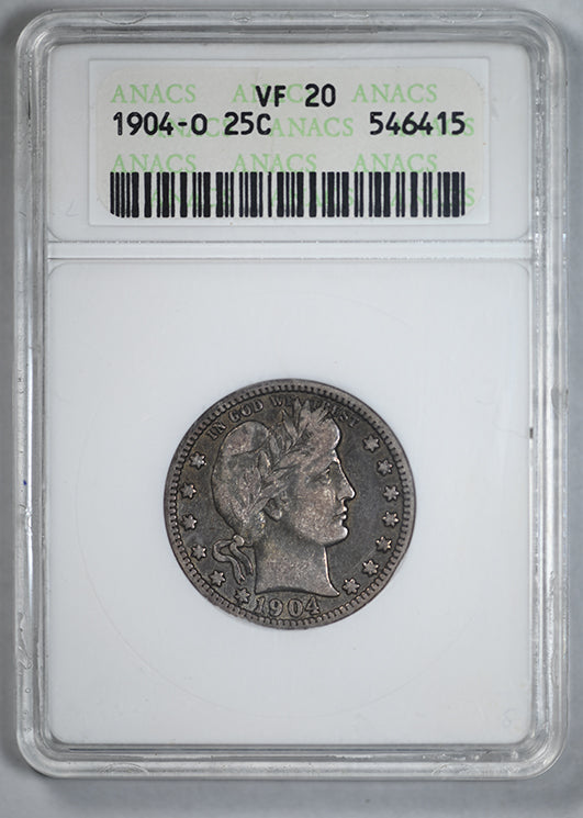 1904-O Barber Quarter 25C ANACS Soapbox VF20 – Americana Rare Coin