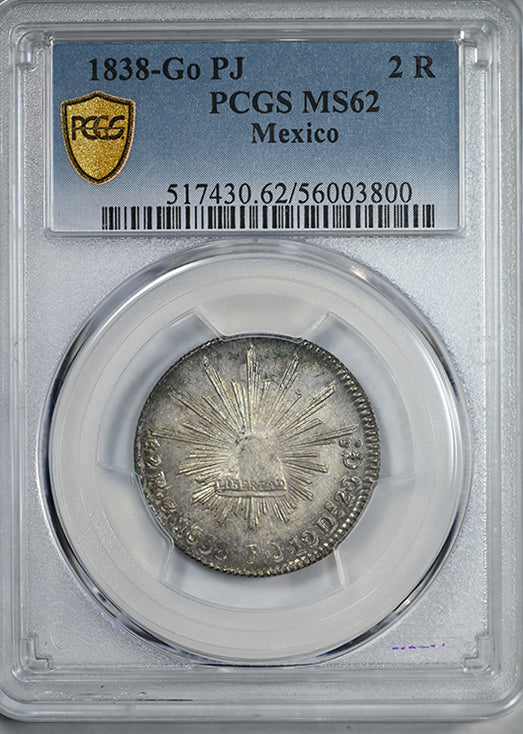 1838-Go PJ Mexico 2R Reales PCGS MS62