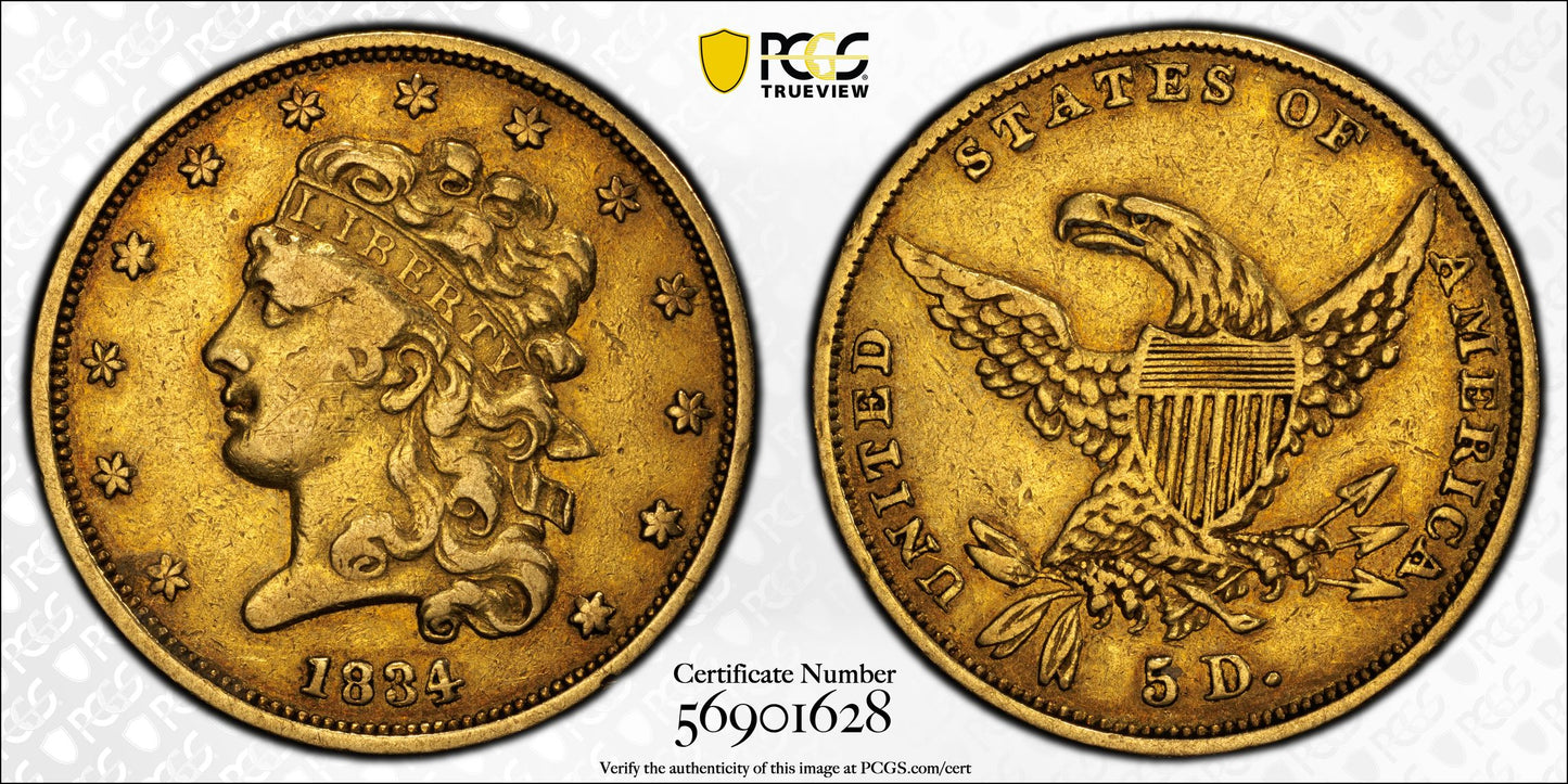1834 Classic Head Gold Half Eagle $5 PCGS XF40 - Plain 4