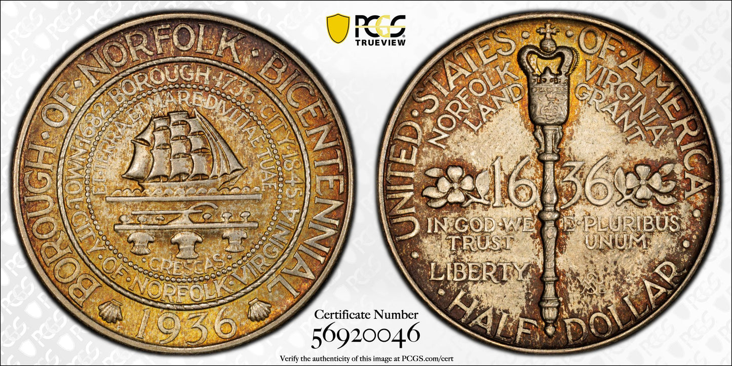 1936 Norfolk Classic Commemorative Half Dollar 50C PCGS MS66 - TONED!