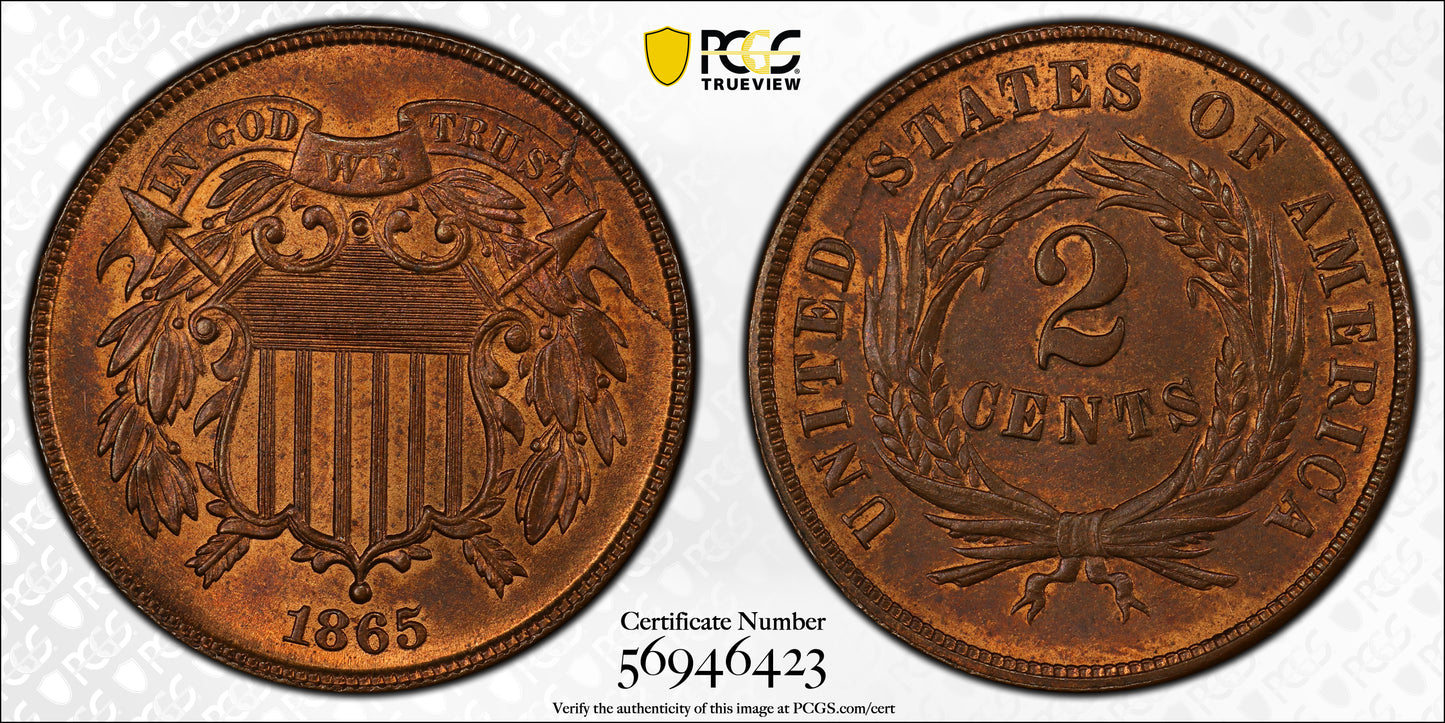 1865 Two Cent Piece 2C PCGS MS66RB CAC - Fancy 5