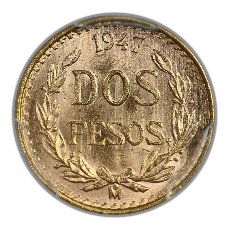 1947-Mo Mexico Gold Dos Pesos G2P PCGS MS66 KM-461