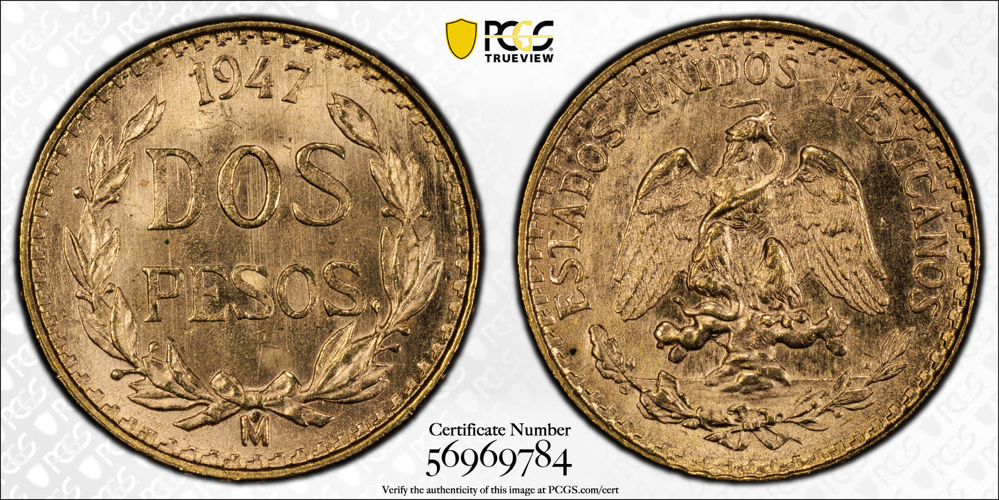 1947-Mo Mexico Gold Dos Pesos G2P PCGS MS66 KM-461