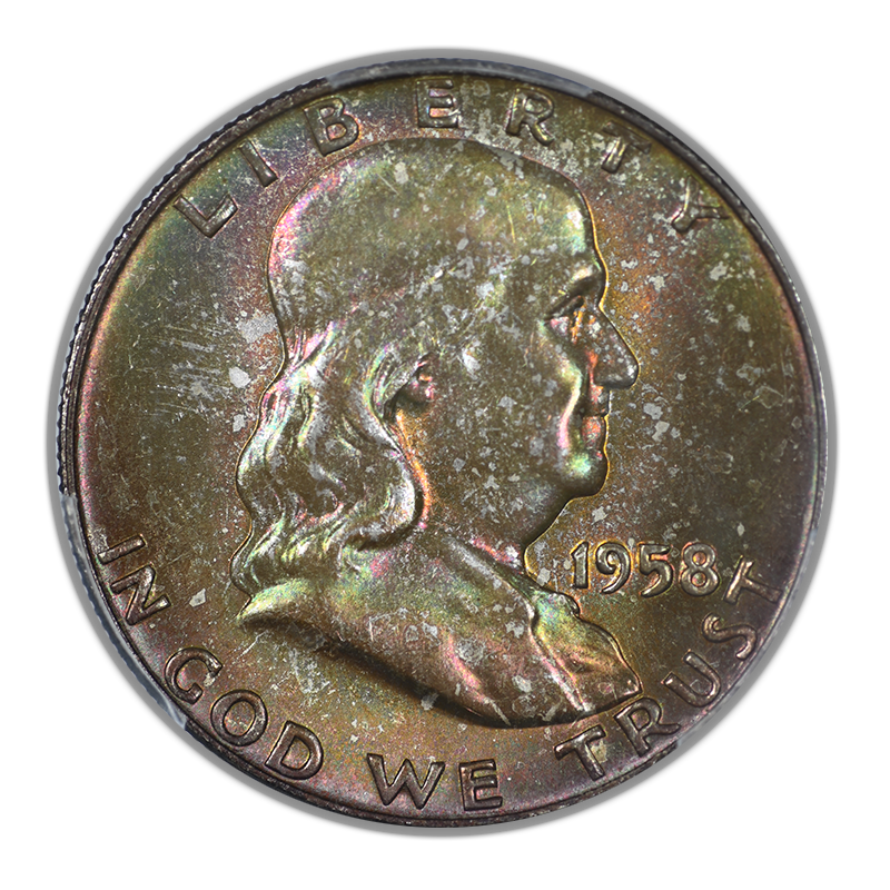 1958-D Franklin Half Dollar 50C PCGS MS66+ CAC - RAINBOW TONED!