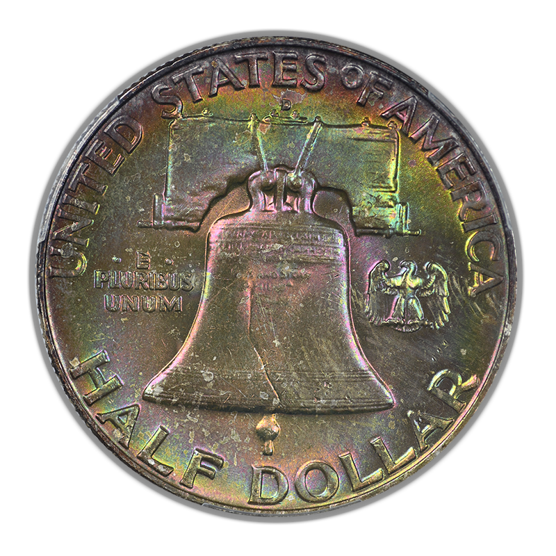 1958-D Franklin Half Dollar 50C PCGS MS66+ CAC - RAINBOW TONED!
