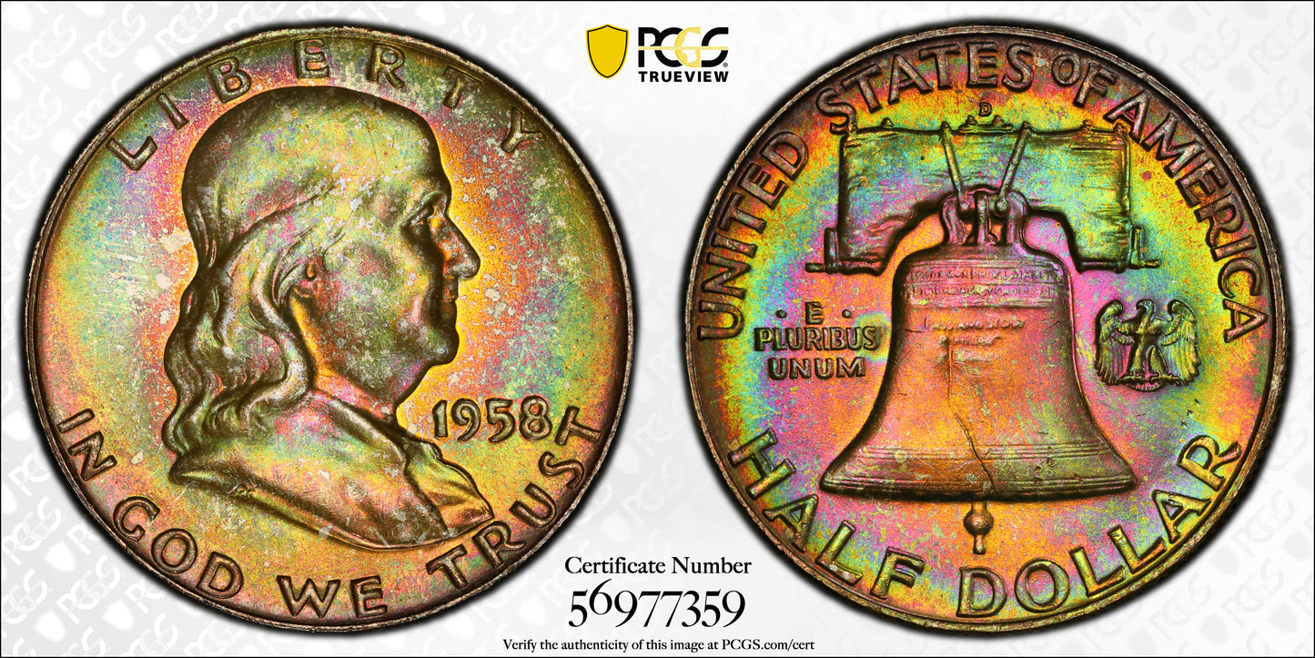 1958-D Franklin Half Dollar 50C PCGS MS66+ CAC - RAINBOW TONED!