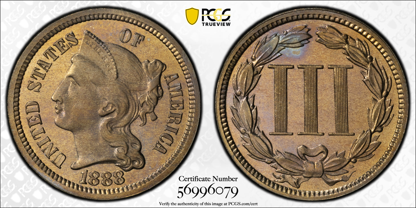 1888 Proof Three Cent Nickel Piece 3CN PCGS PR66