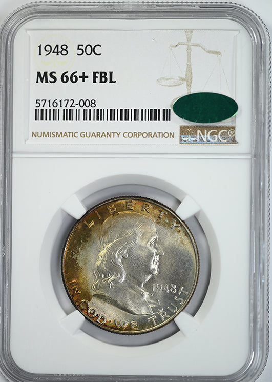 1948 Franklin Half Dollar 50C NGC MS66+ FBL CAC - TONED! Obverse Slab