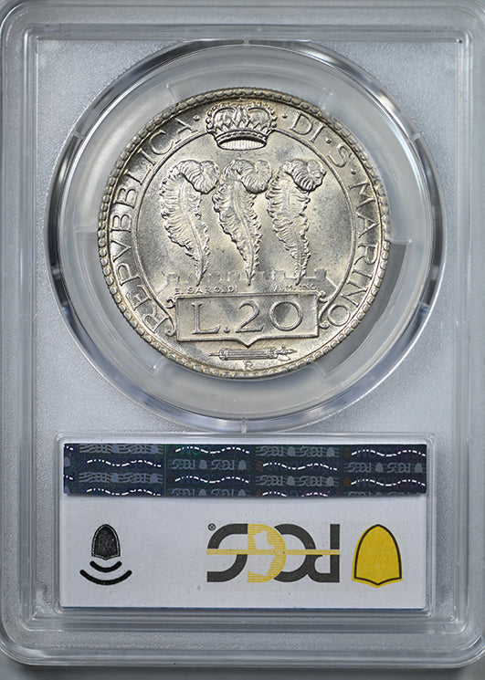 1933-R San Marino 20L Lire PCGS MS63