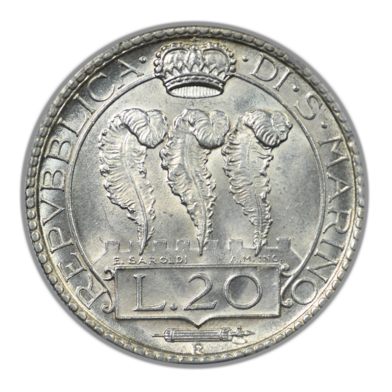 1933-R San Marino 20L Lire PCGS MS63