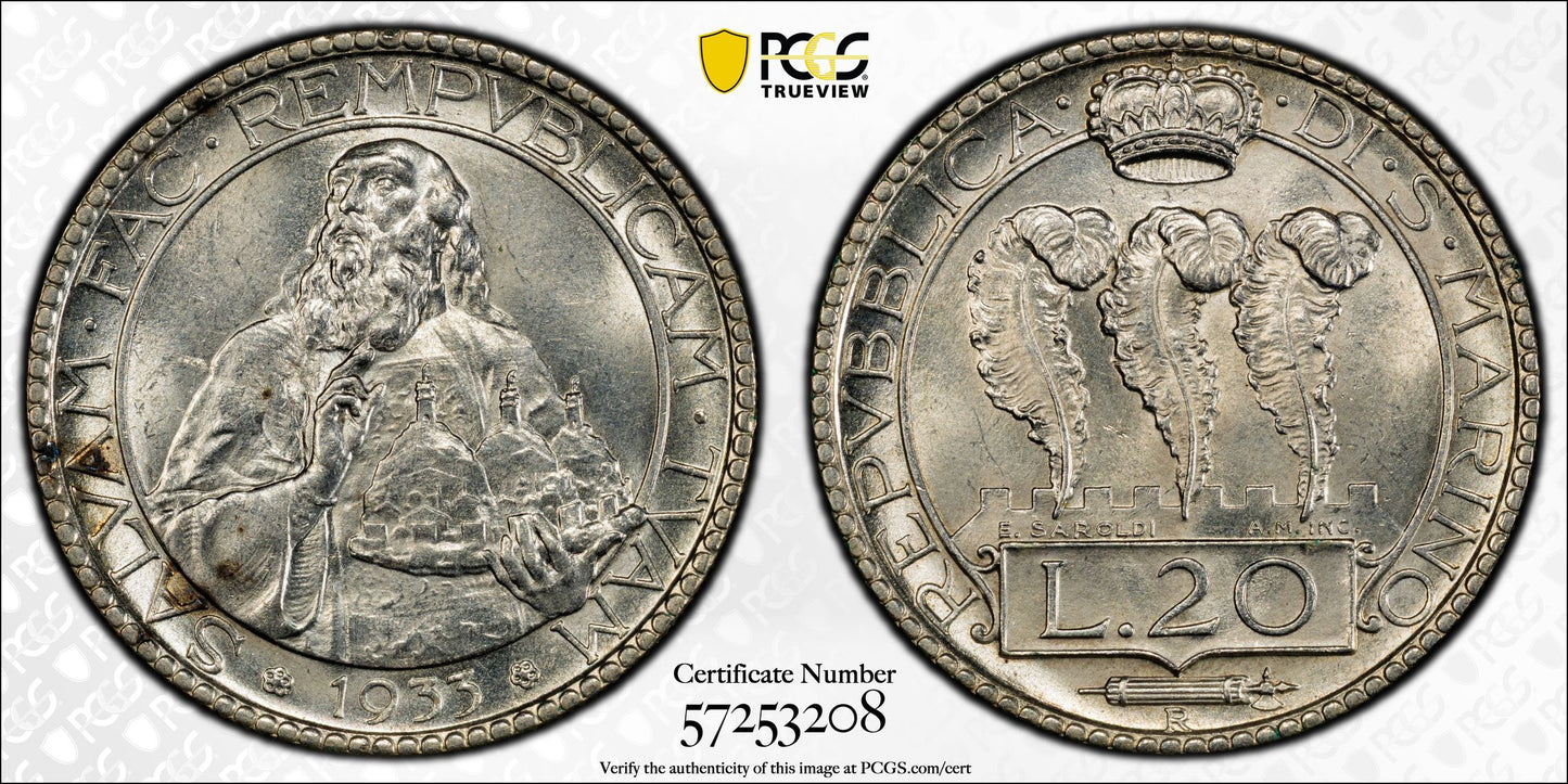 1933-R San Marino 20L Lire PCGS MS63