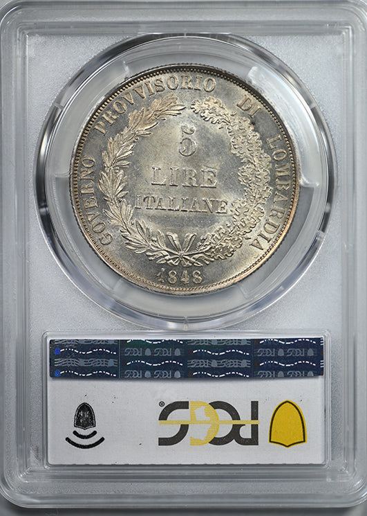 1848-M Italy-Lombardy/Venetia 5L Lire PCGS MS62 - Short Stems KM-22.1
