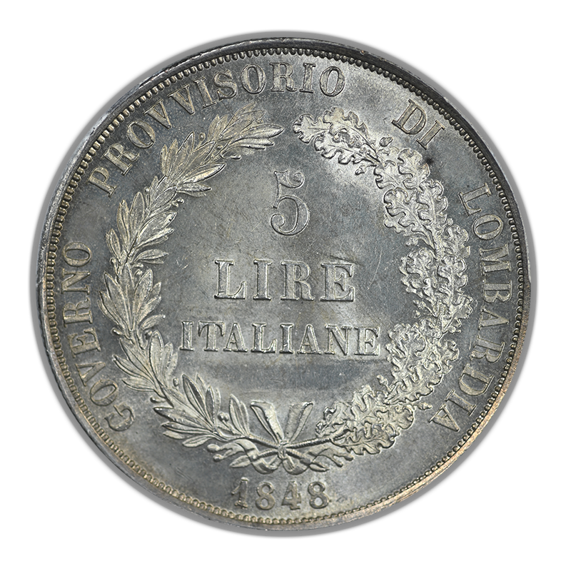 1848-M Italy-Lombardy/Venetia 5L Lire PCGS MS62 - Short Stems KM-22.1