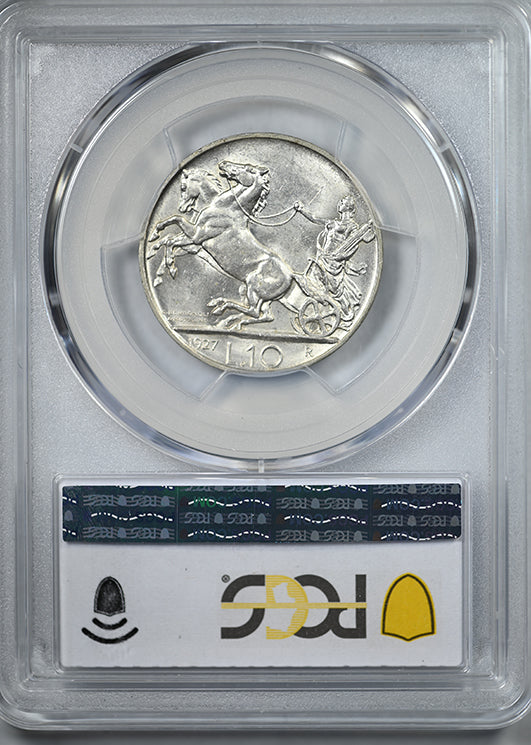 1927-R Italy 10L Lire PCGS MS63 *FERT* KM-68.1