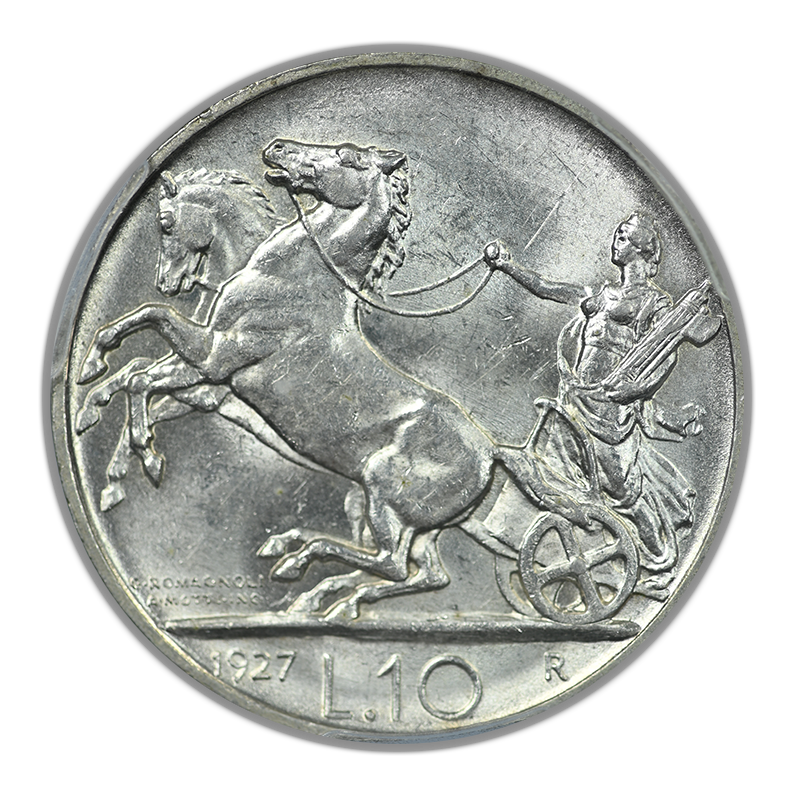 1927-R Italy 10L Lire PCGS MS63 *FERT* KM-68.1