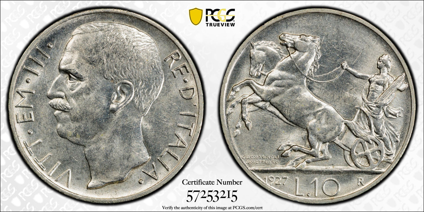 1927-R Italy 10L Lire PCGS MS63 *FERT* KM-68.1