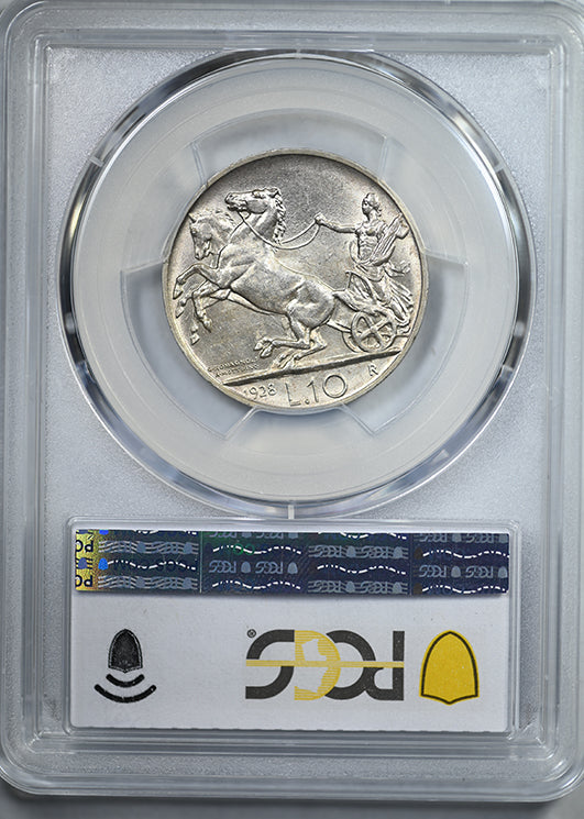 1928-R Italy 10L Lire PCGS MS63 *FERT* KM-68.1