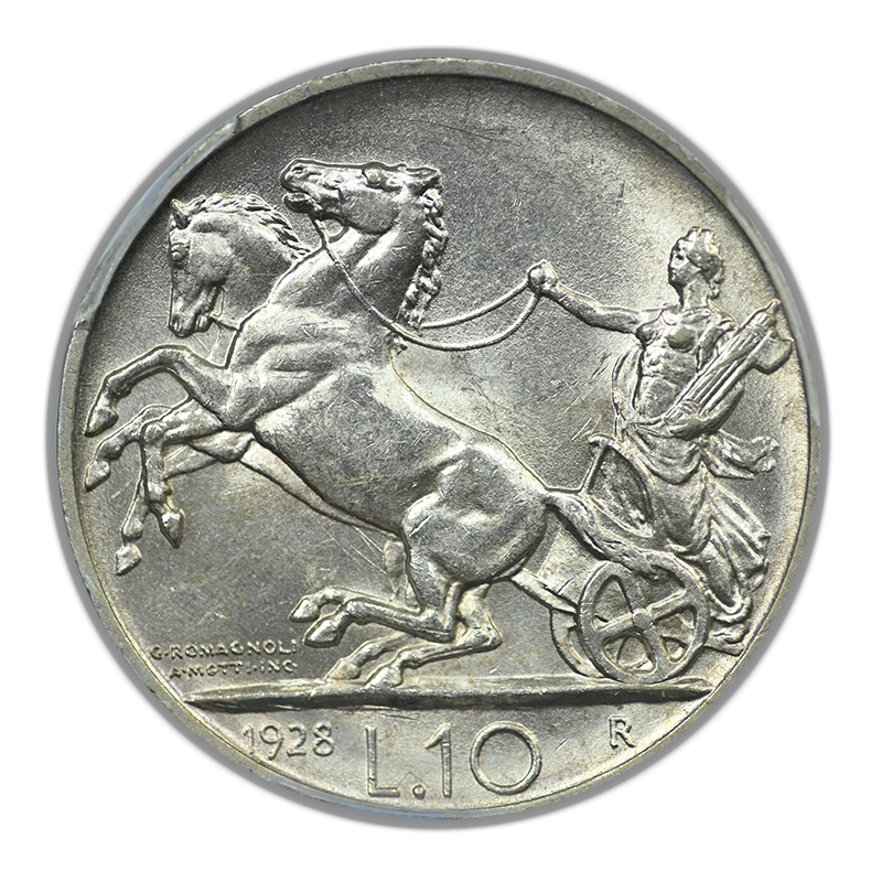 1928-R Italy 10L Lire PCGS MS63 *FERT* KM-68.1