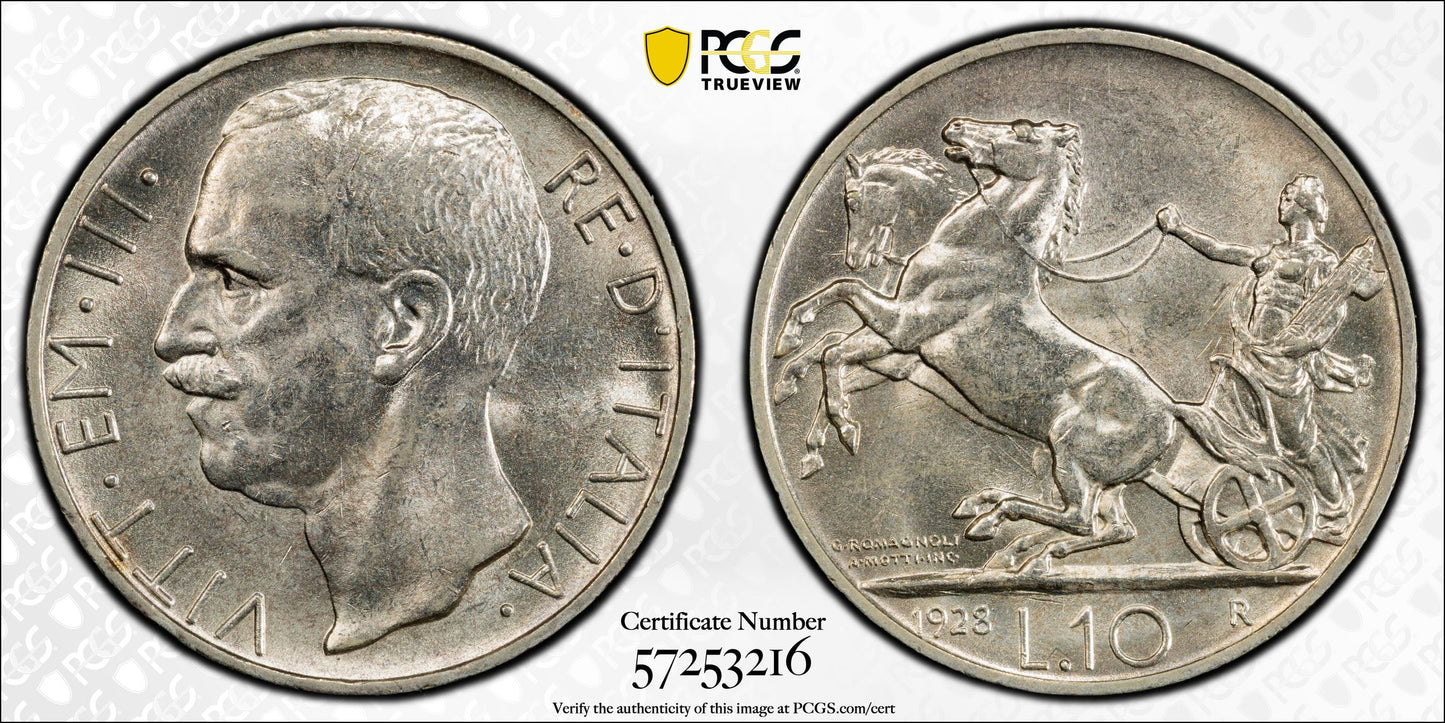 1928-R Italy 10L Lire PCGS MS63 *FERT* KM-68.1