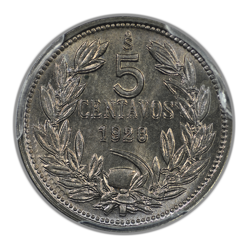 1928-So Doubled Die Reverse Chile 5C Centavos PCGS MS65 DDR