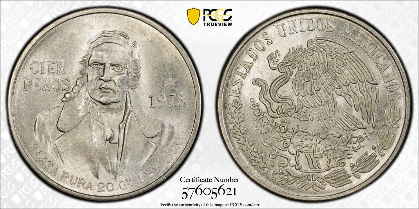 1978-Mo Doubled Die Obverse Mexico Silver 100P Cien Pesos PCGS MS65 KM-483.2 DDO