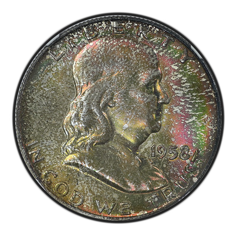 1958-D Franklin Half Dollar 50C NGC MS67+FBL CAC - RAINBOW TONED! Obverse