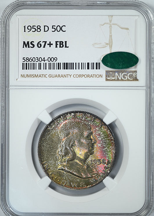 1958-D Franklin Half Dollar 50C NGC MS67+FBL CAC - RAINBOW TONED! Obverse Slab