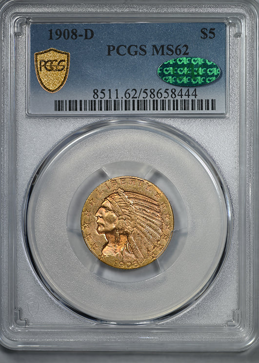 1908-D Indian Head Gold Half Eagle $5 PCGS MS62 CAC