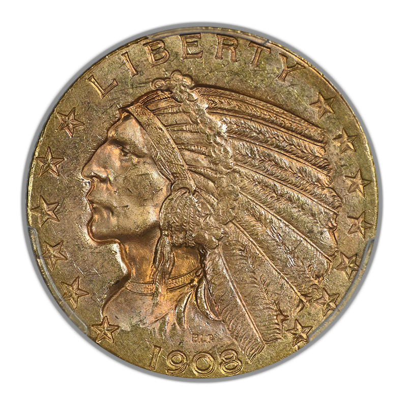 1908-D Indian Head Gold Half Eagle $5 PCGS MS62 CAC - NICE COLOR!
