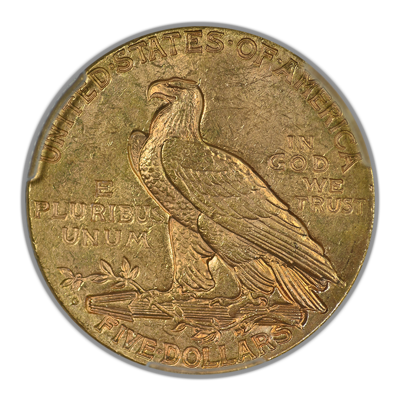 1908-D Indian Head Gold Half Eagle $5 PCGS MS62 CAC - NICE COLOR!