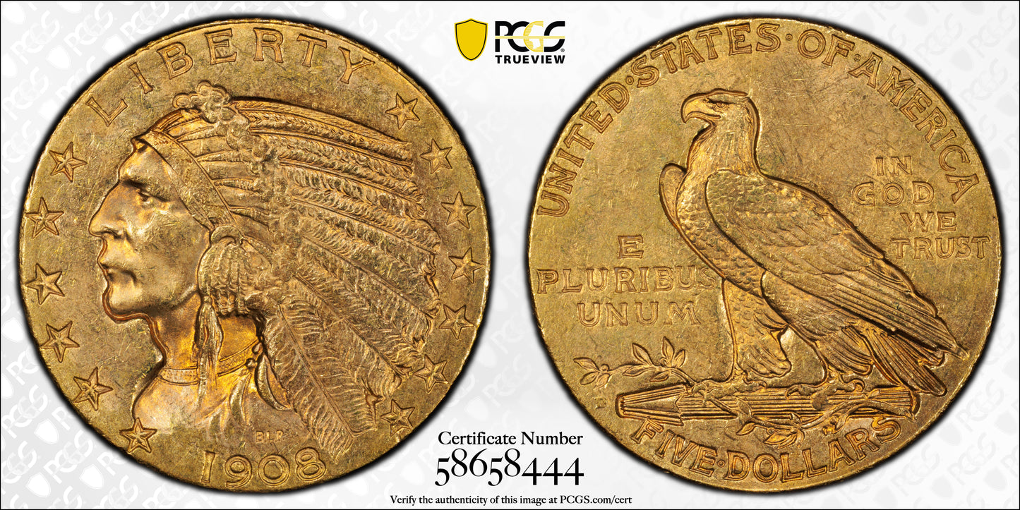 1908-D Indian Head Gold Half Eagle $5 PCGS MS62 CAC - NICE COLOR!